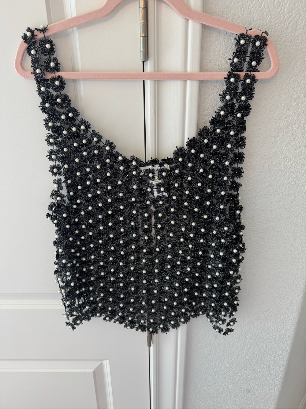 She + Sky Black Pearl-Embellished Crochet Crop Top